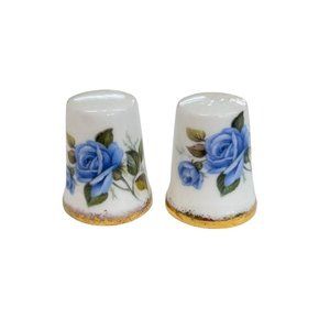 Royal Crown Porcelain Decorative Thimbles Set of 2 Blue Rose Gold Trim